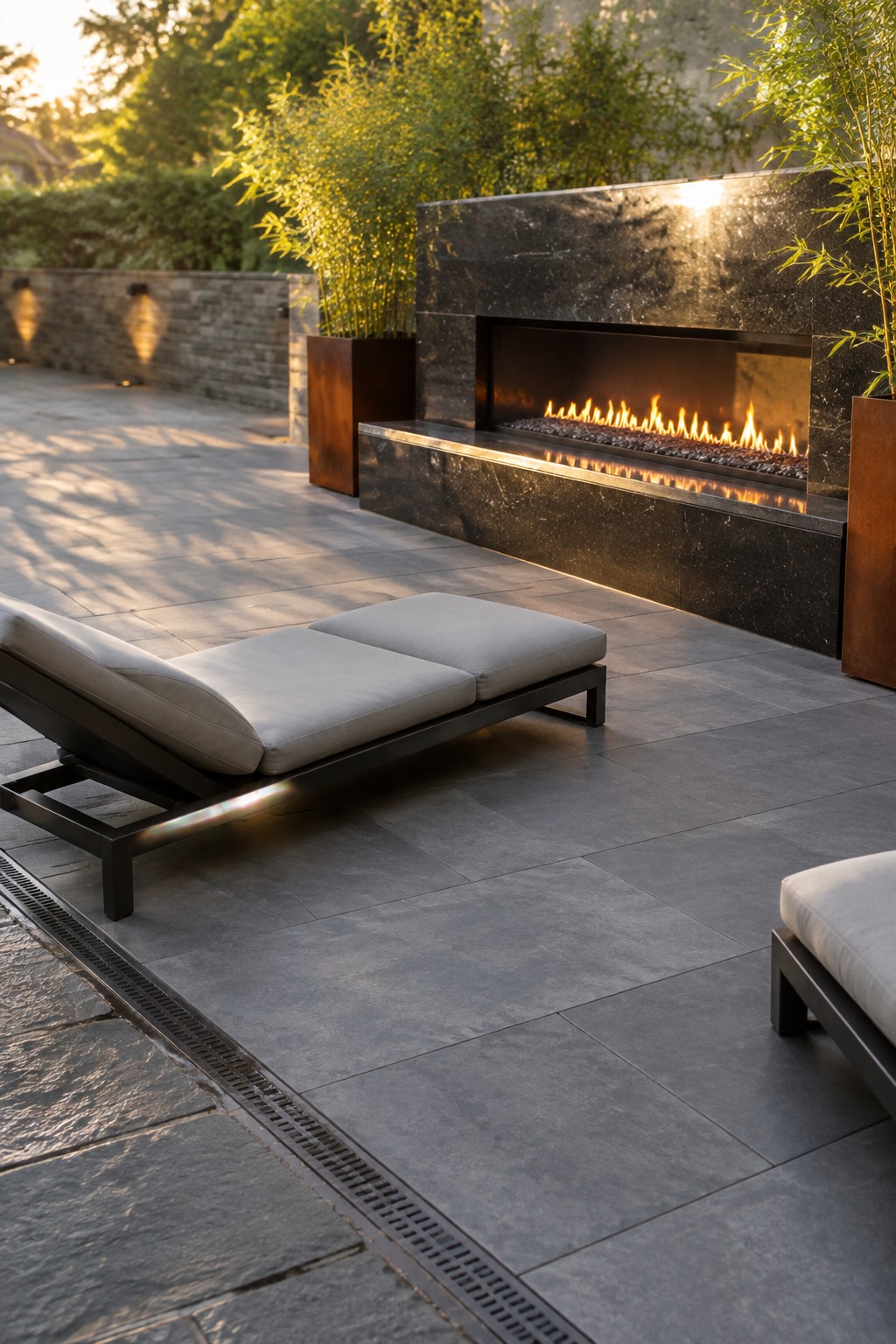 An outdoor patio with large gray pavers, a linear fireplace built into a dark stone wall, and two cushioned lounge chairs in the foreground.