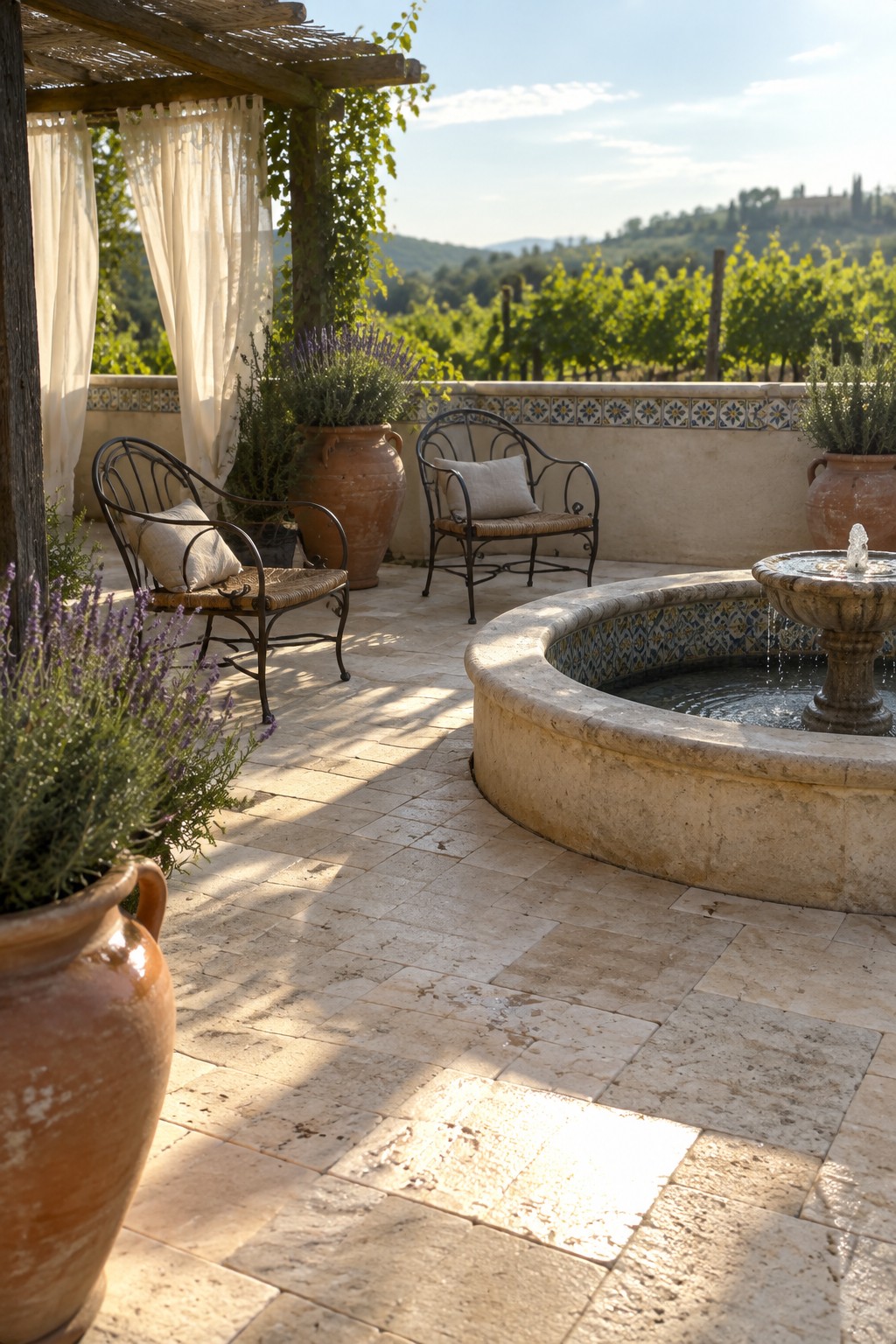 A stone paver patio features a large circular fountain with a small water jet, surrounded by metal chairs, terracotta pots with lavender, and a view of vineyards in the background.