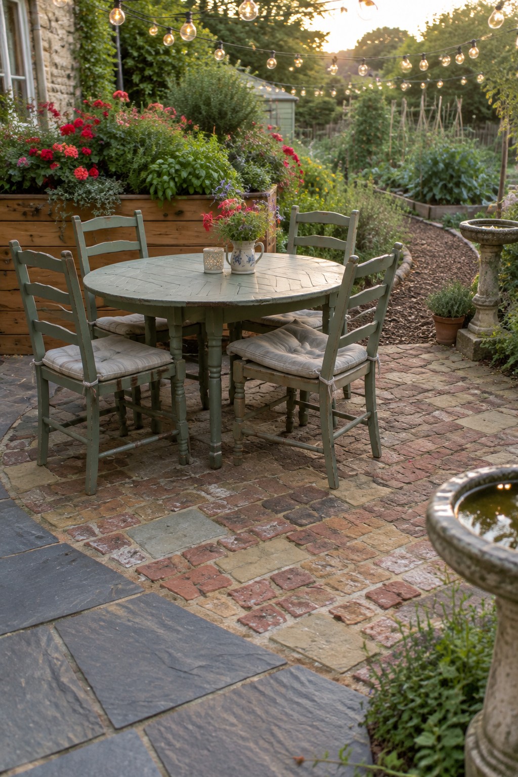 A round green patio table with four wooden chairs sits on a mixed surface of red bricks and gray stone pavers, surrounded by garden beds and string lights.