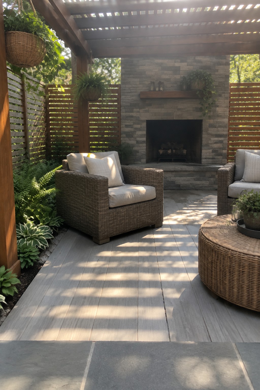 An outdoor patio with light gray decking, a stone fireplace, two wicker armchairs, a round wicker table, and large gray pavers visible in the foreground.