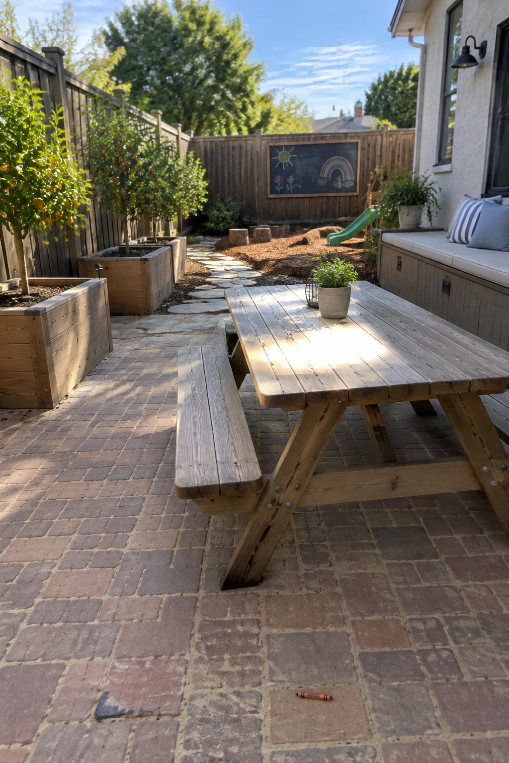 A wooden picnic table sits on a large brick paver patio in a backyard with raised garden beds, a stone path, and a children's play area visible in the background.