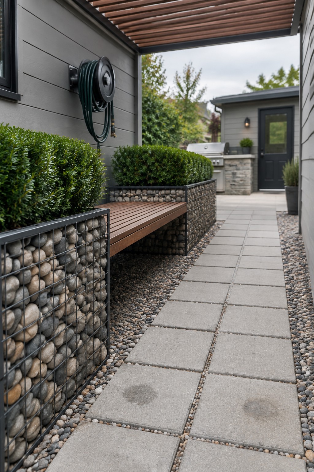 A backyard scene showing a gray paver walkway running beside gabion stone walls filled with shrubs, a wooden bench on top of one wall, and a grill patio in the distance.