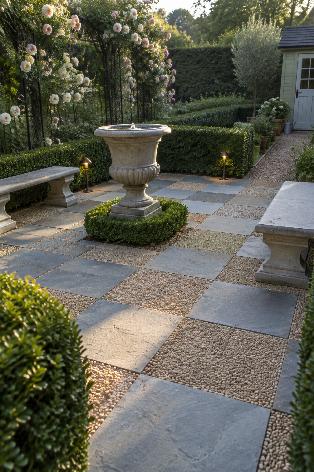 Stone fountain in formal garden with checkered stone-gravel patio, benches, and rose trellis