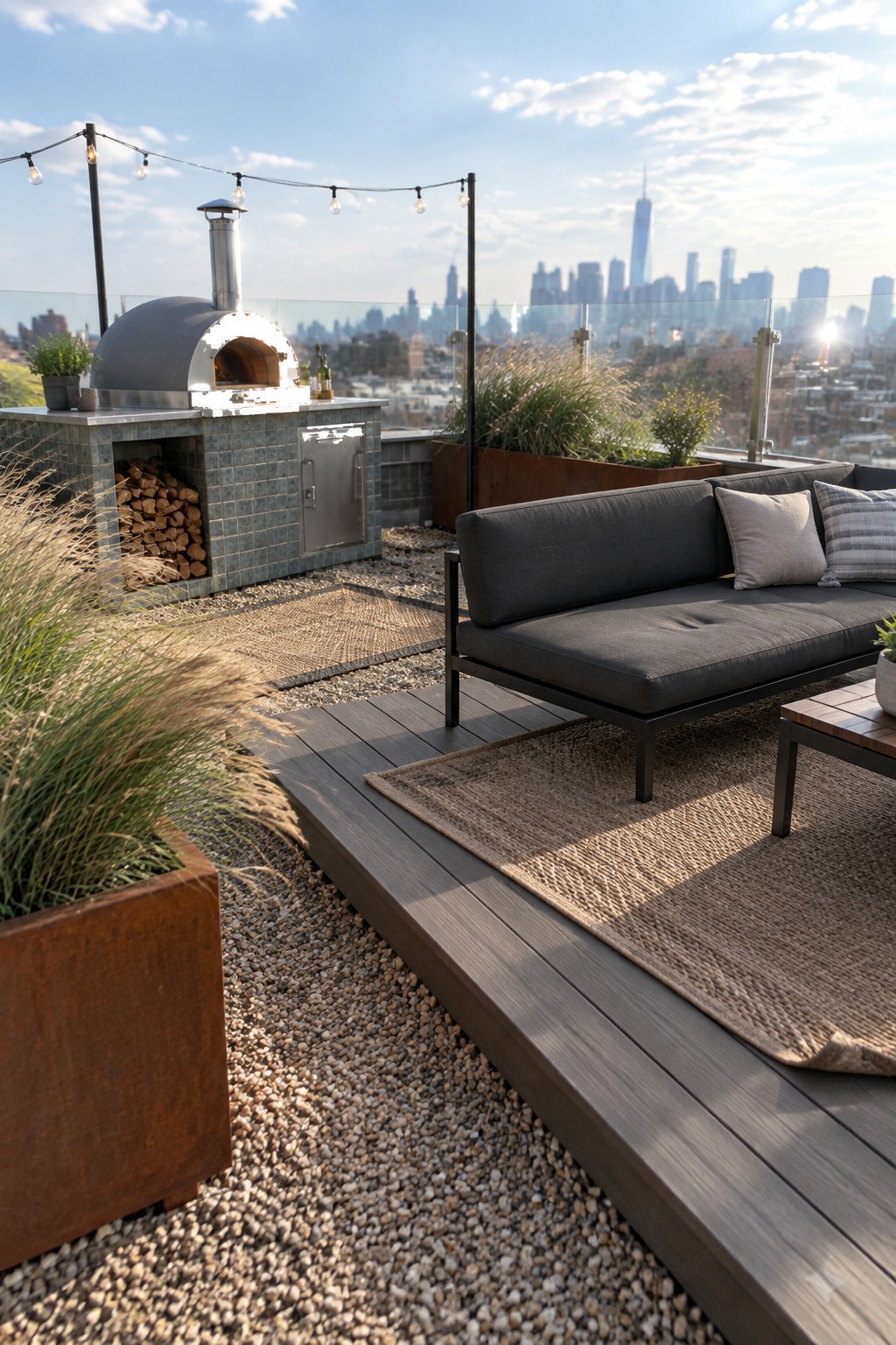 Rooftop patio with a raised wood deck platform holding a dark sofa and rug, next to pea gravel areas surrounding a tiled pizza oven and metal planters, with a city skyline beyond.