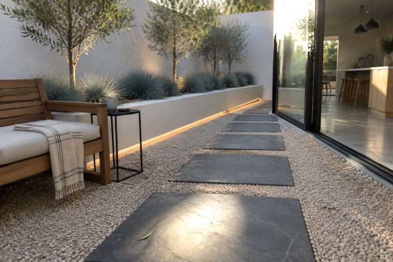18 Creative Patio Flooring Ideas Using Pea Gravel Modern patio with dark stone slabs on gravel beside wooden lounge and open kitchen door