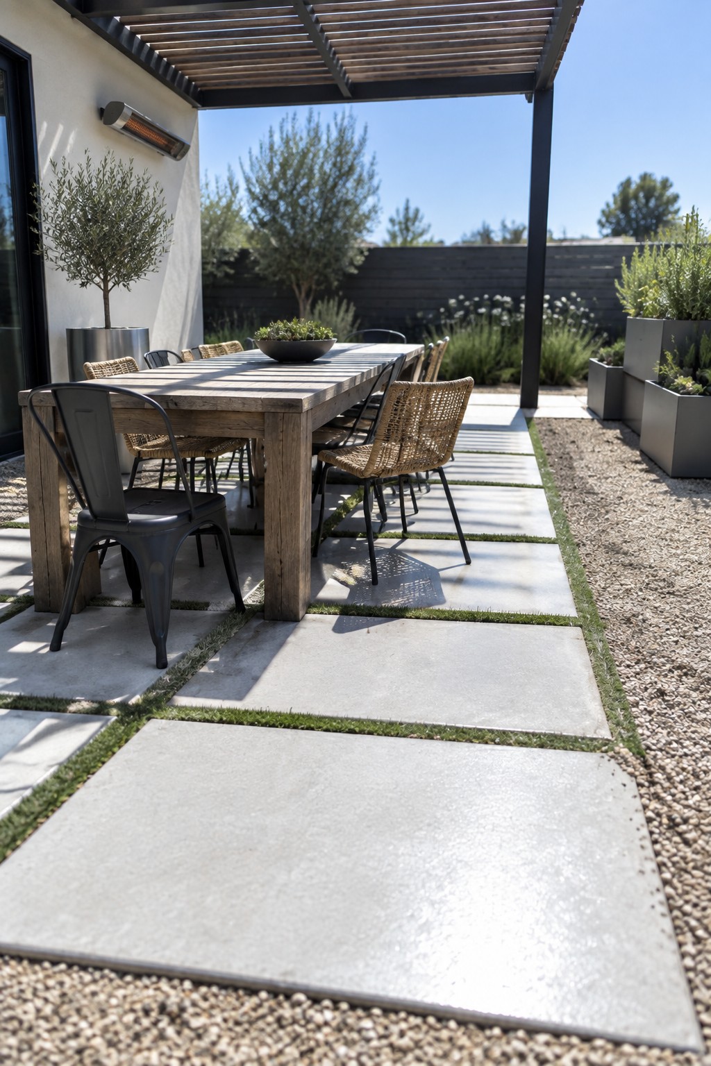 A patio dining area with a wooden table and mixed chairs set on large concrete pavers divided by grass strips, bordered by pea gravel and planters under a pergola.