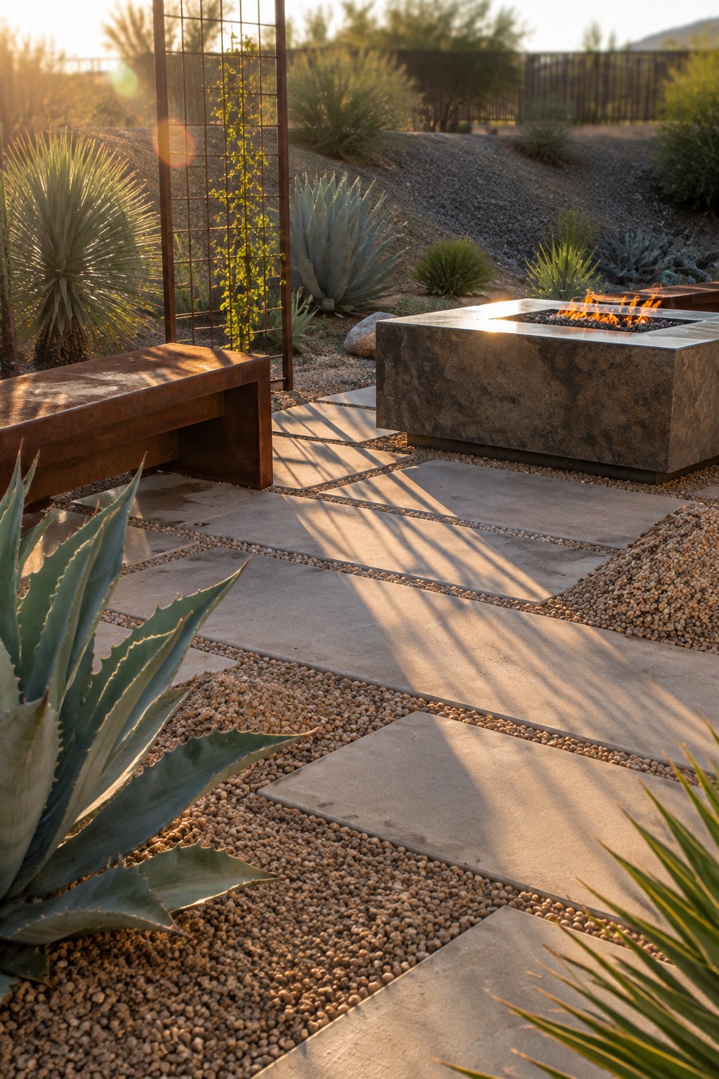A patio pathway of large rectangular concrete pavers with pea gravel between them, leading toward a stone fire pit with agave plants along the edges.