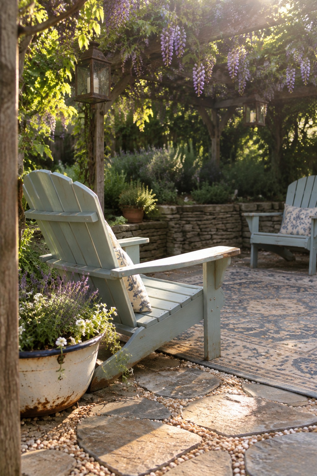 A patio scene with two light blue wooden Adirondack chairs placed on a surface of large irregular stone pavers bordered and filled with pea gravel, next to a potted plant and under hanging purple wisteria.