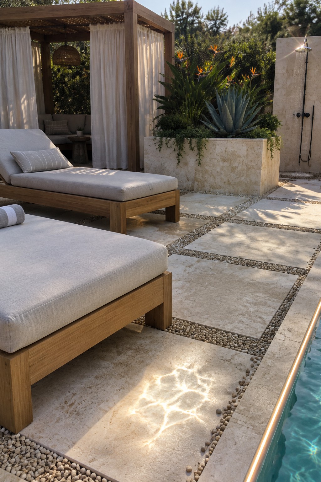 A patio with large stone pavers separated by pea gravel borders, wooden lounge chairs, and a pool edge with an outdoor shower in the background.