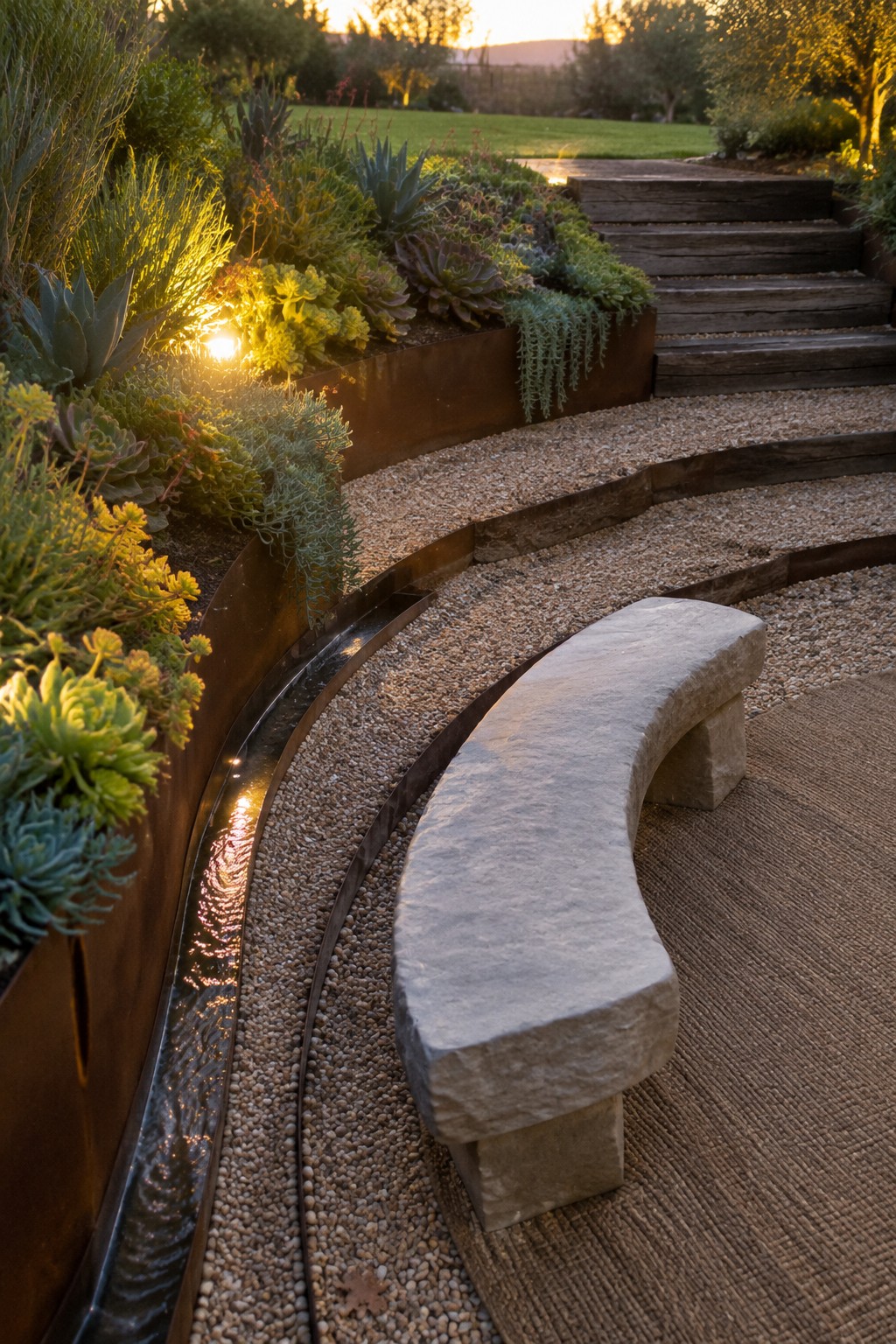 Curved stone bench beside flowing water in succulent garden at sunset