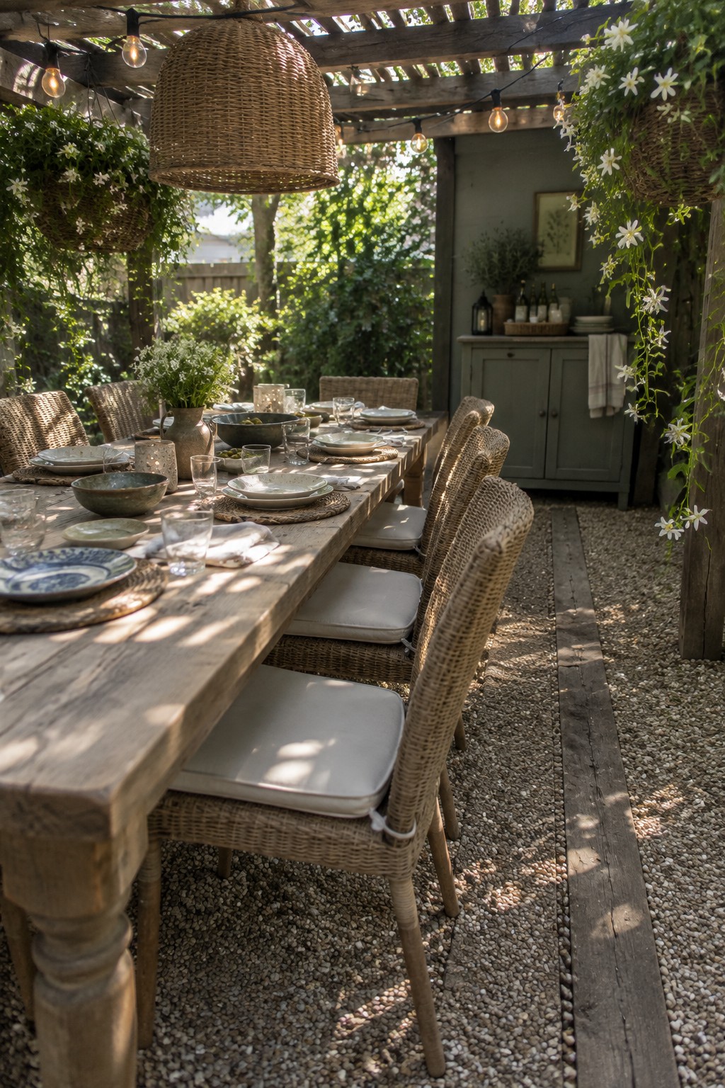 A long wooden dining table with woven chairs sits on a pea gravel patio beneath a wooden pergola with string lights and hanging plants.