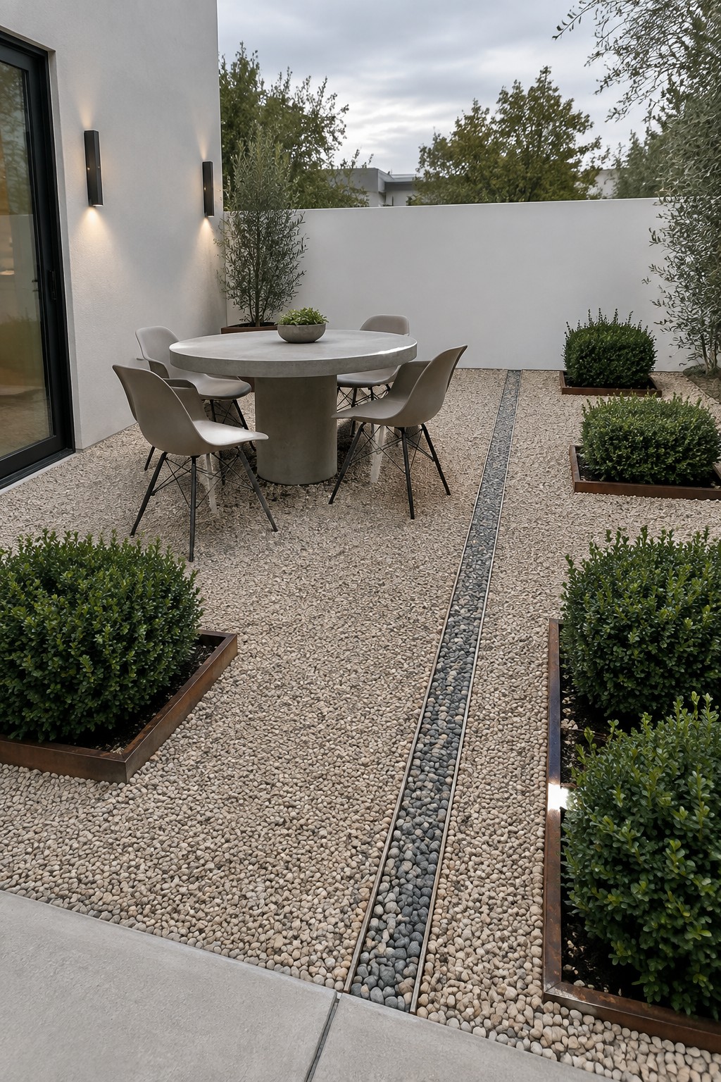 An outdoor patio with a round concrete dining table and four chairs on light pea gravel, bordered by raised metal planters holding shrubs and a white wall behind.
