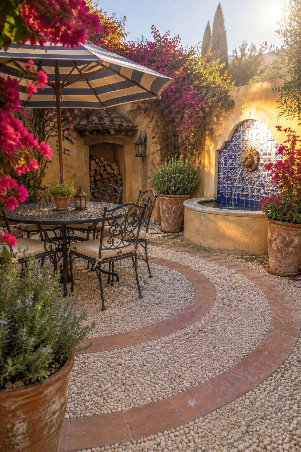 Sunny Mediterranean patio with striped umbrella, ornate table, lion fountain, and pink flowers