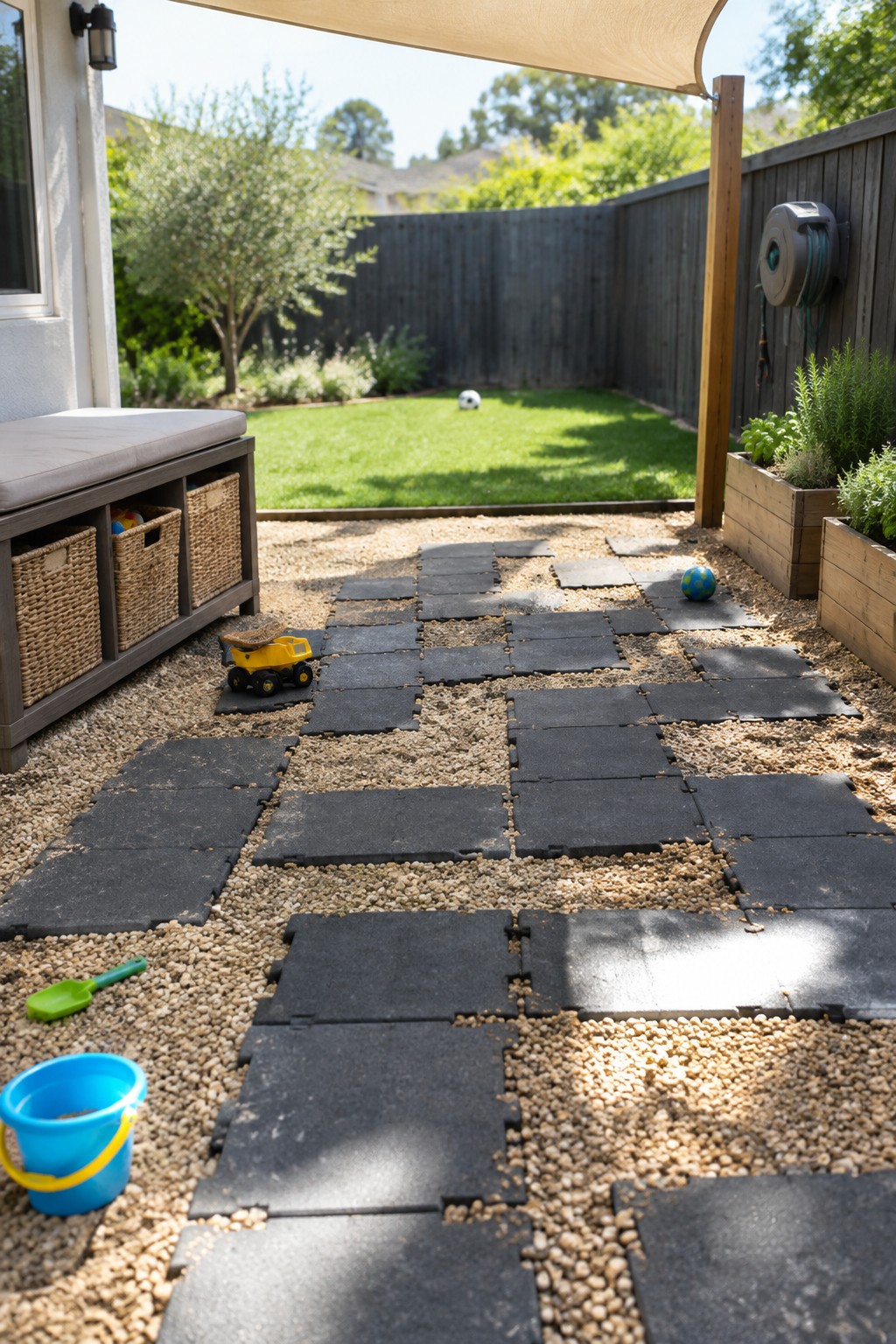 A backyard patio with black square pavers set into pea gravel, a wooden storage bench on the left, and raised planter boxes on the right.
