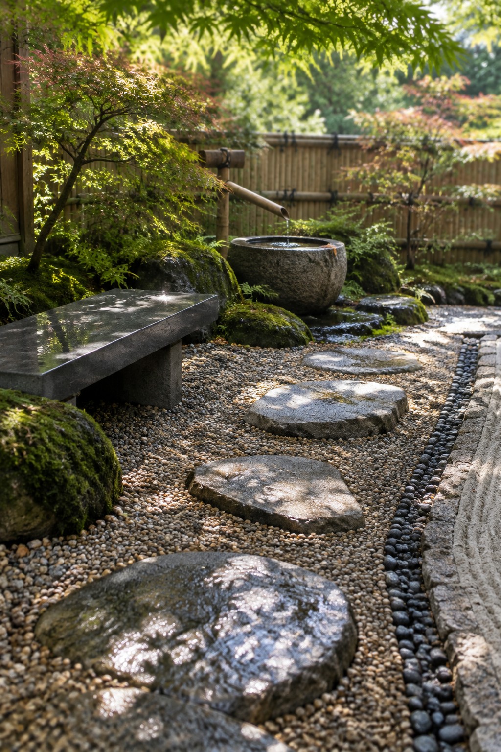 A garden path of irregular stepping stones set in pea gravel, next to a stone water basin fed by a bamboo spout and surrounded by mossy rocks and trees.