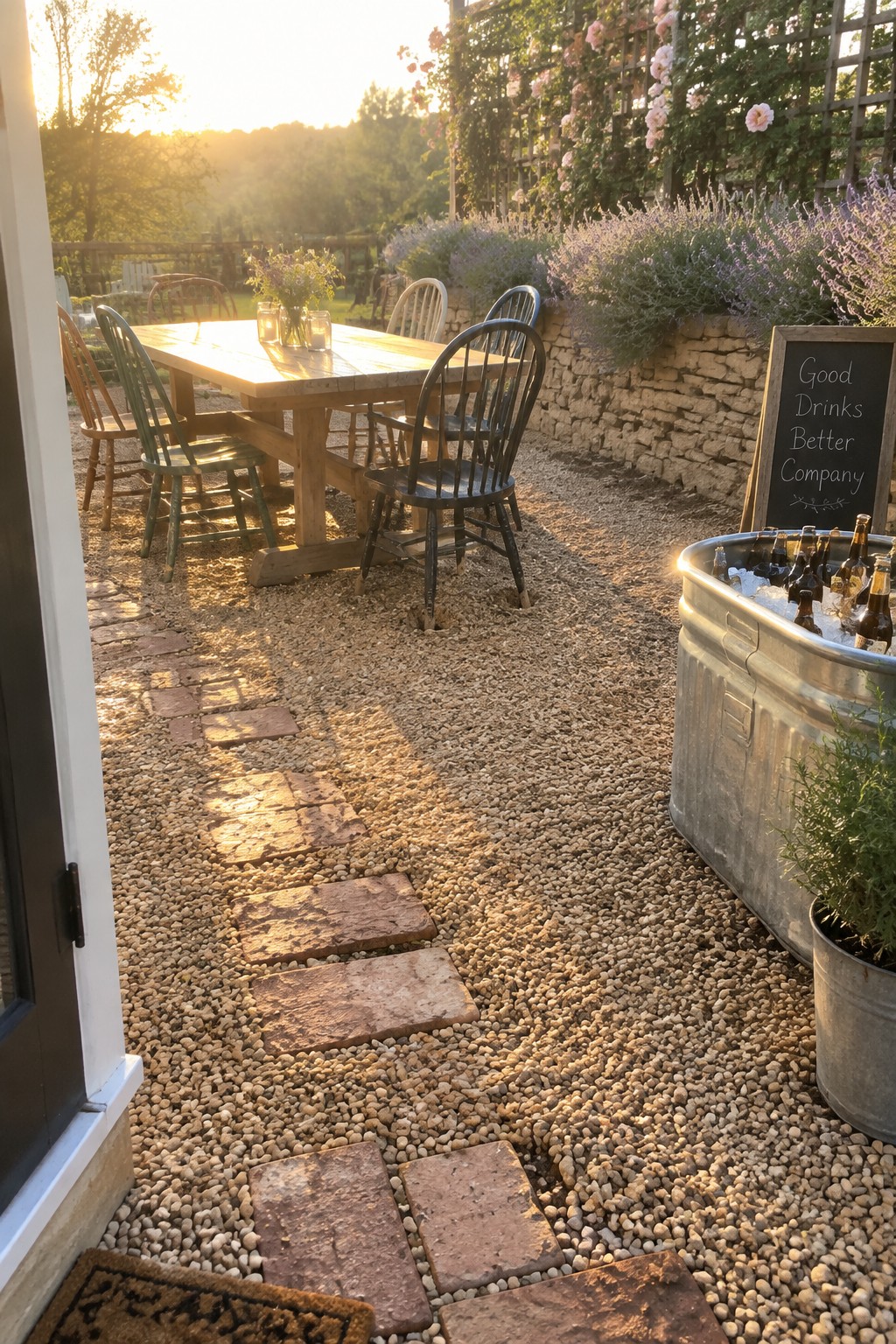 Rustic wooden table with chairs on gravel patio beside ice tub and chalkboard at sunset