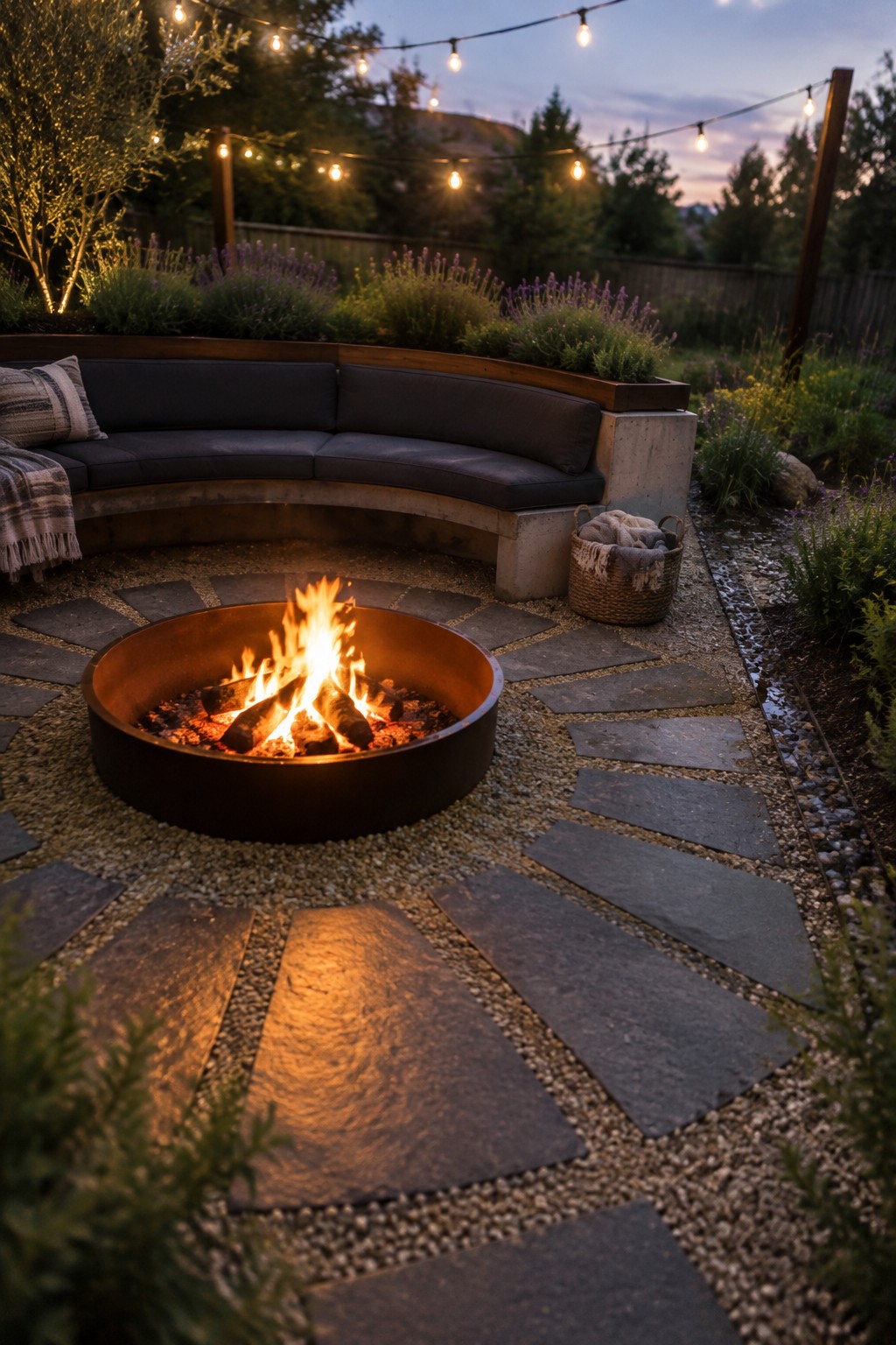 A circular fire pit with burning wood rests on pea gravel, surrounded by stone pavers arranged in a fan pattern, with a curved outdoor sofa and string lights in the background.