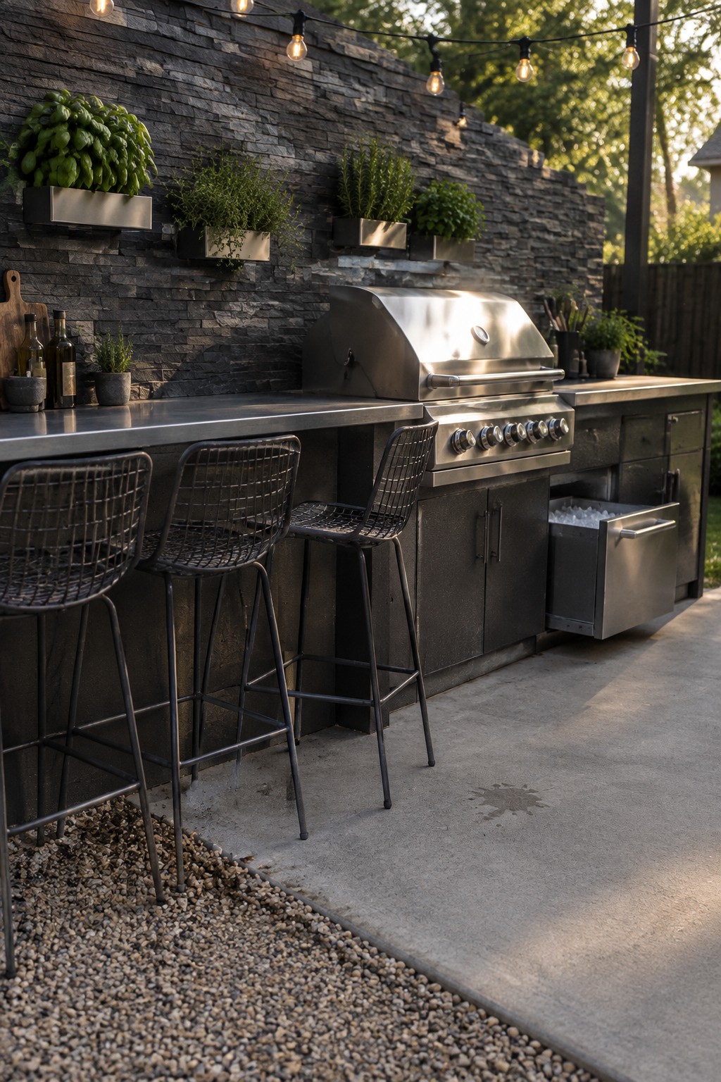 Outdoor kitchen with stainless steel grill on a concrete patio and black wire bar stools set on a pea gravel area beside a stacked stone wall with mounted planters.