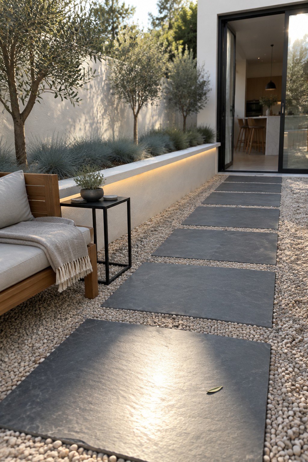 Modern patio with dark stone slabs on gravel beside wooden lounge and open kitchen door