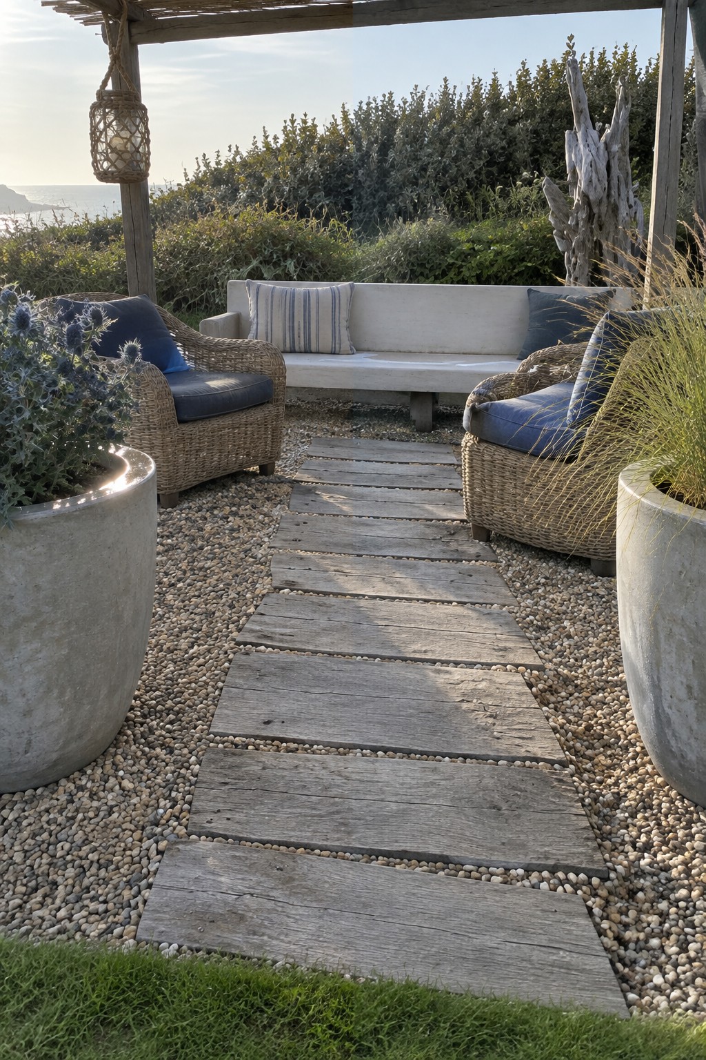 A patio seating area with a wooden plank path running through pea gravel, surrounded by wicker chairs, large planters, and coastal vegetation.