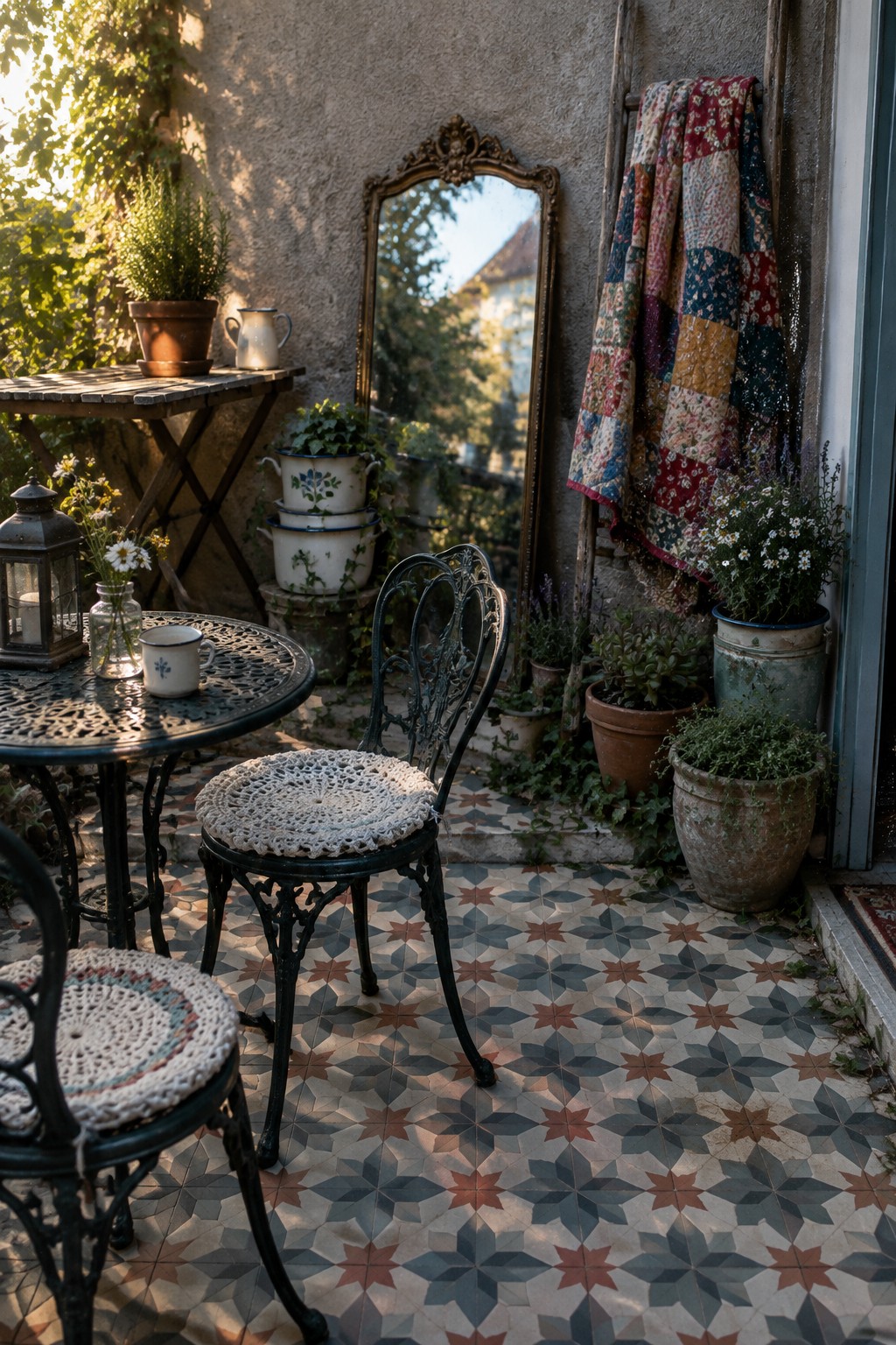 A small outdoor patio with geometric star-patterned flooring, black metal chairs with crocheted cushions, potted plants, and a large mirror leaning against a stone wall.