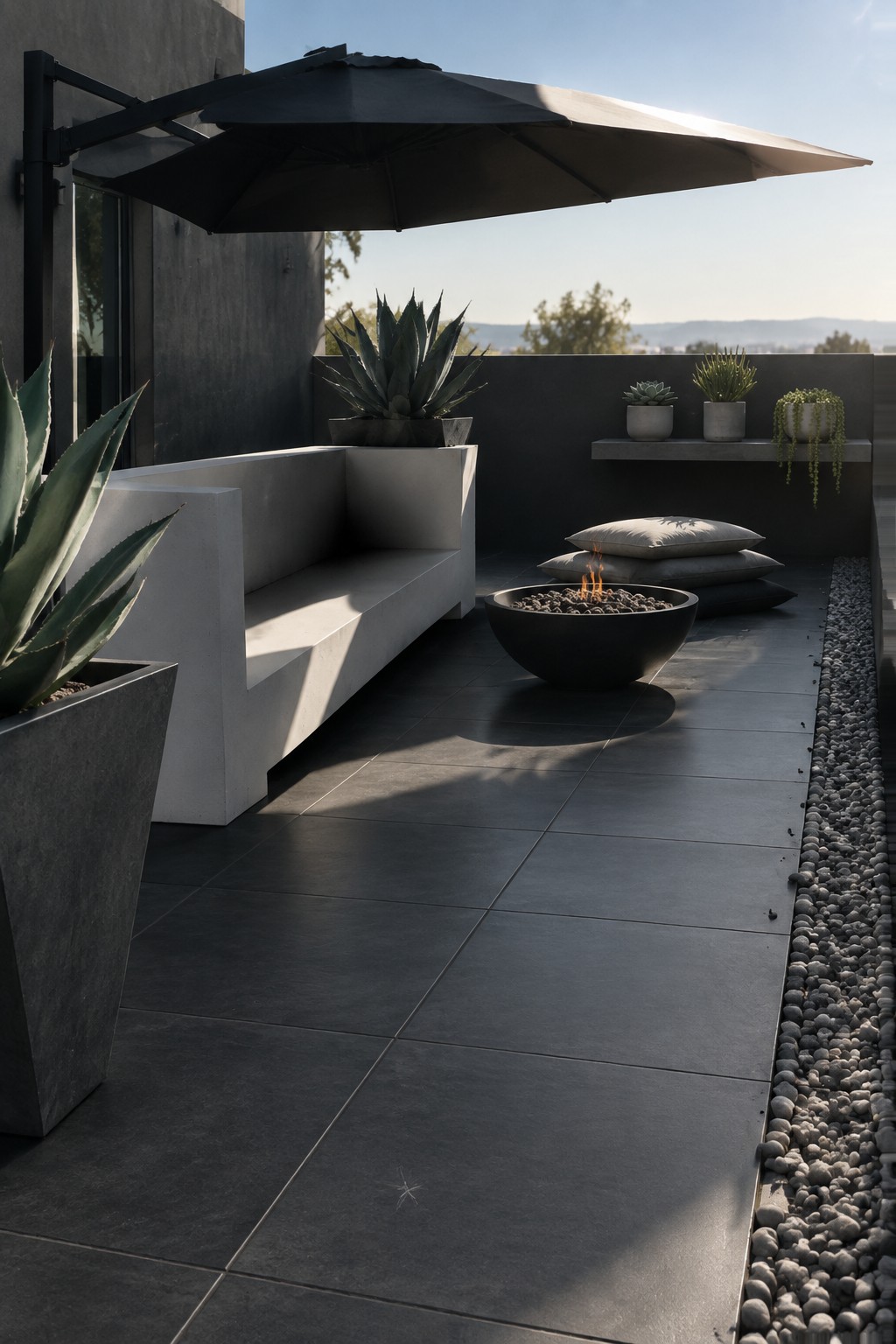 Modern outdoor patio with large dark gray tiles, concrete bench seating, black fire pit bowl, and overhead umbrella, with a pebble border along one edge.