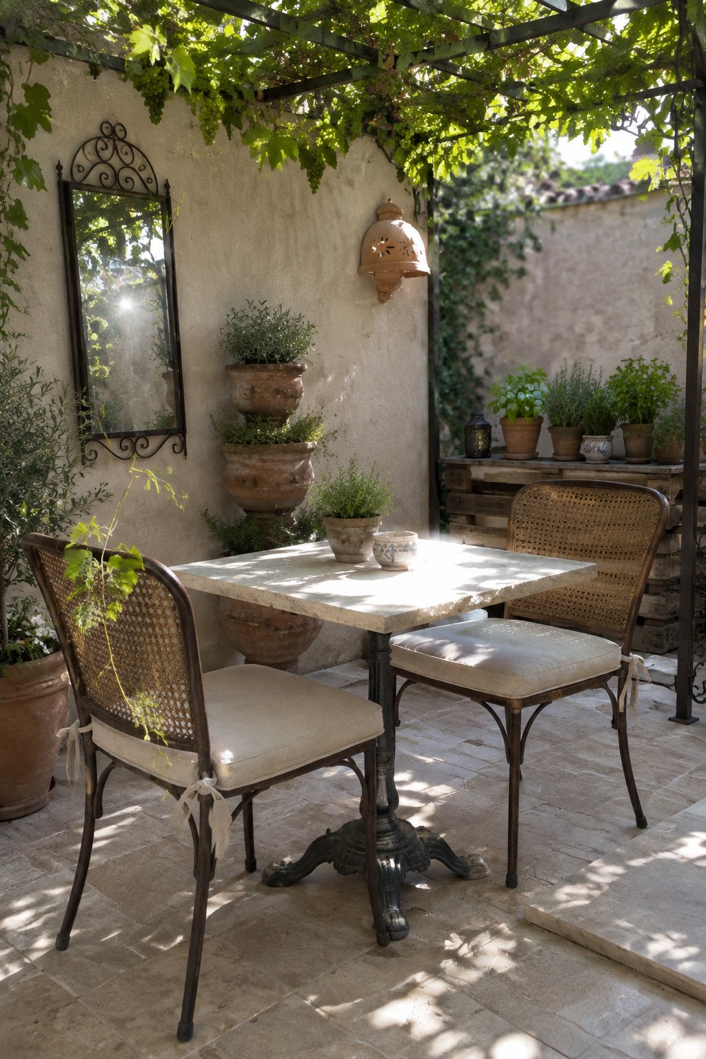 A square stone table with two cane-back chairs sits on large stone tiles beneath a vine-covered pergola, surrounded by potted plants and terracotta pots.