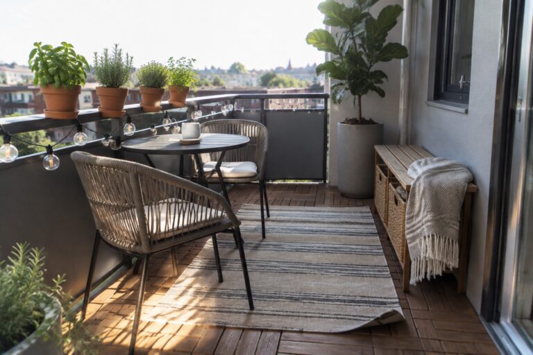 20 Easy Renter-Friendly Patio Ideas Using Removable Outdoor Flooring A furnished balcony with a large striped outdoor rug covering part of the wooden deck tiles, a round table with woven chairs, potted plants along the railing, and string lights.