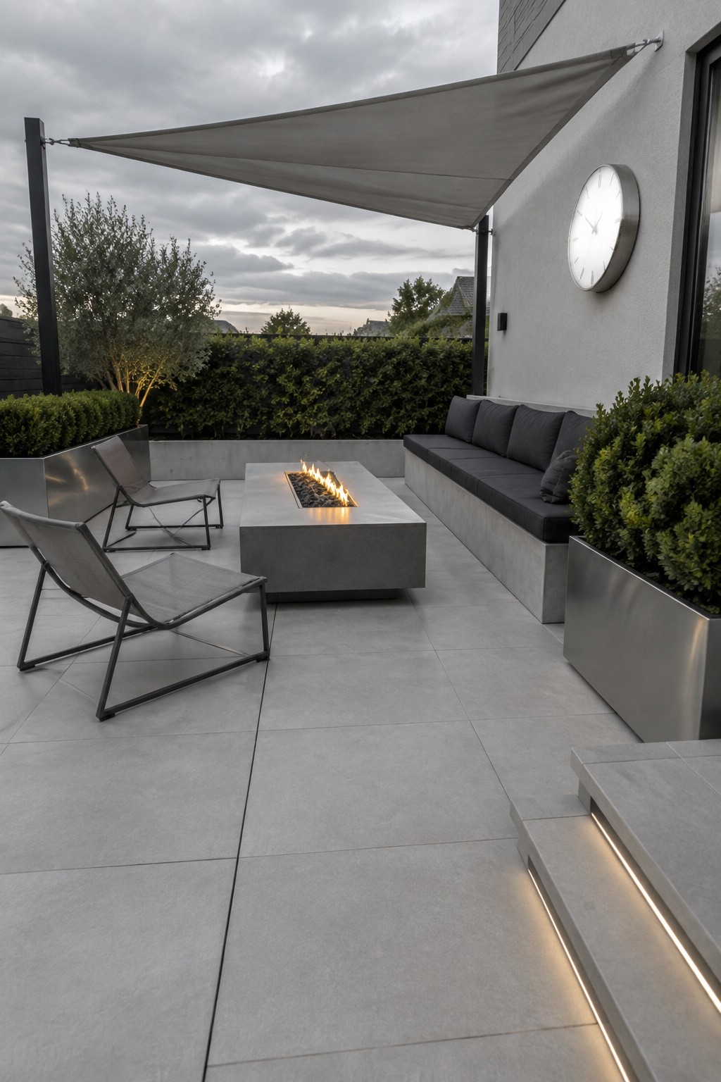 A modern patio covered in large gray tiles features a rectangular concrete fire pit, two sling chairs, a built-in bench with dark cushions, metal planters, and a triangular shade sail overhead.