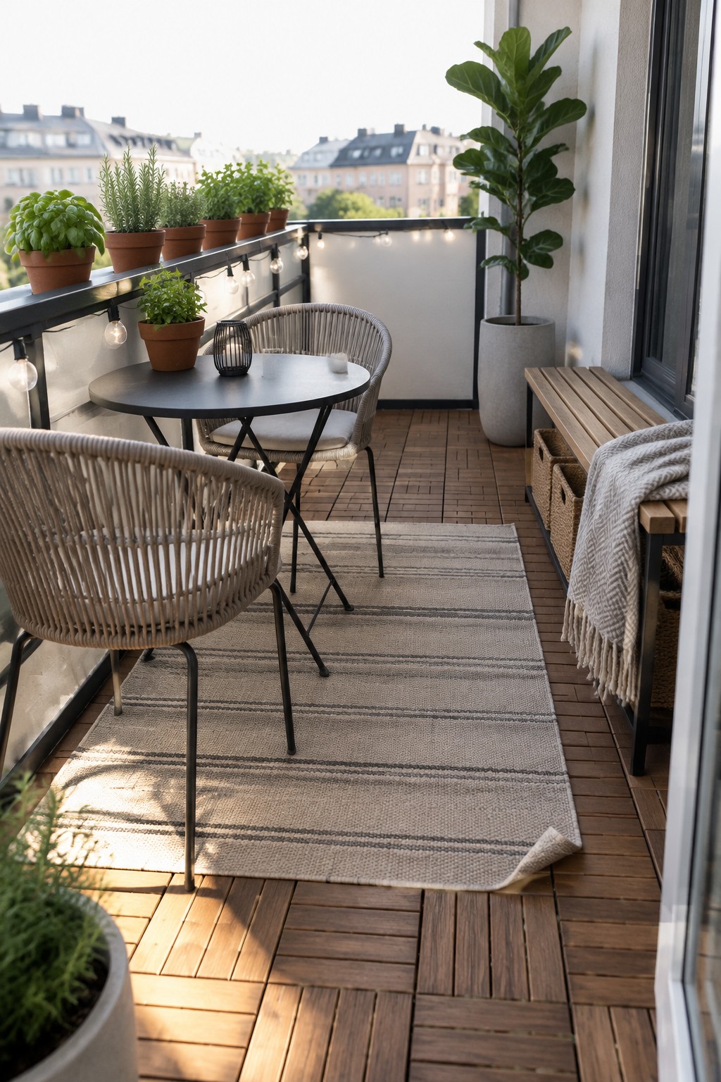 A furnished balcony with a large striped outdoor rug covering part of the wooden deck tiles, a round table with woven chairs, potted plants along the railing, and string lights.