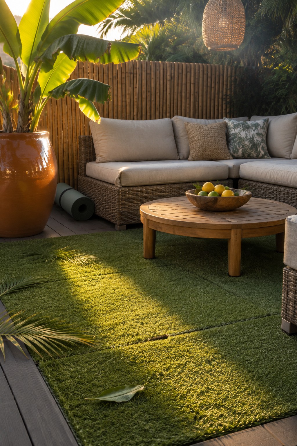 Tropical patio with rattan sofa, round wooden table, banana plant in orange pot on green turf