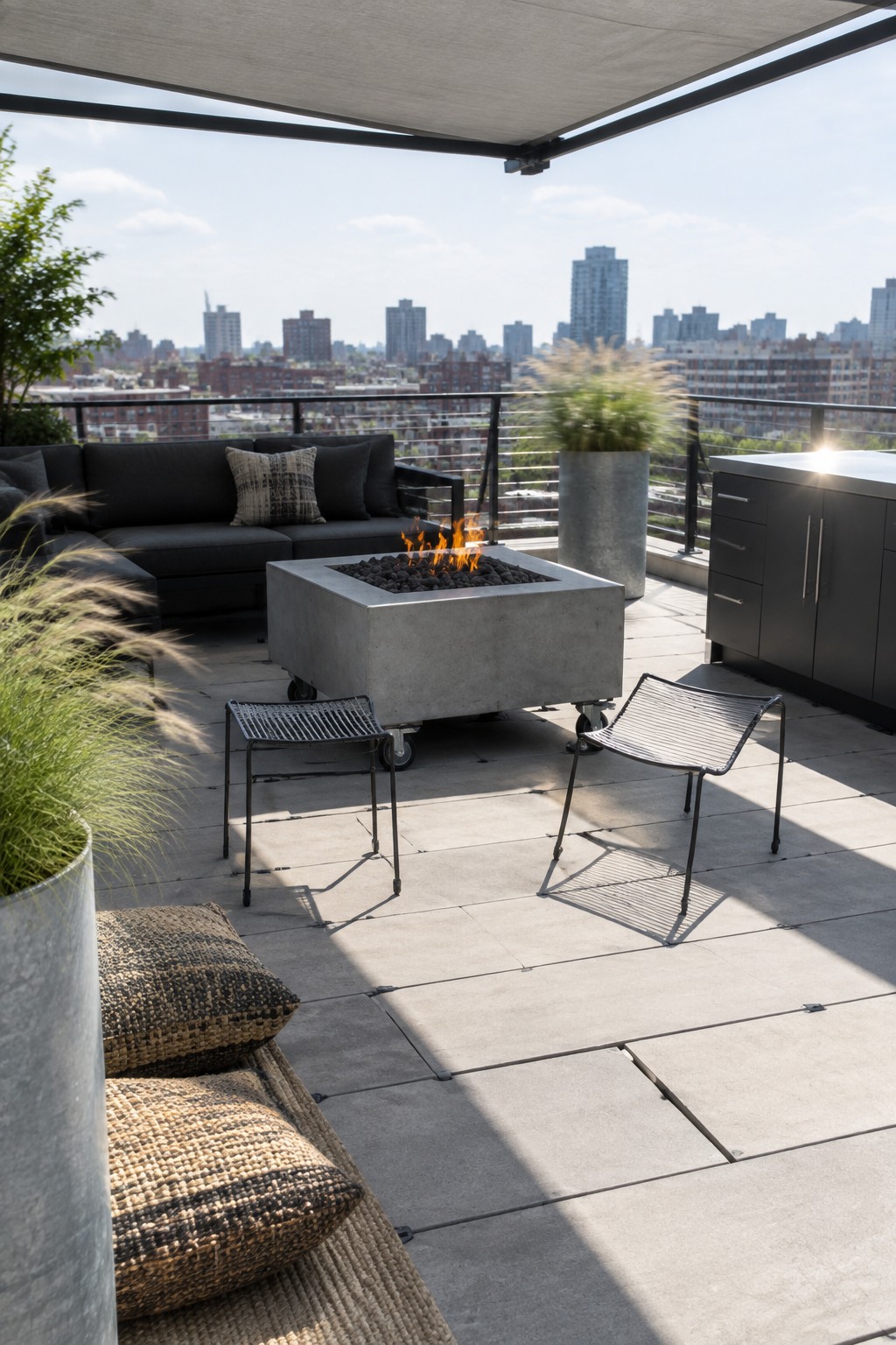 A rooftop patio with large square concrete tiles, a wheeled fire pit, outdoor seating, and potted plants against a city skyline.