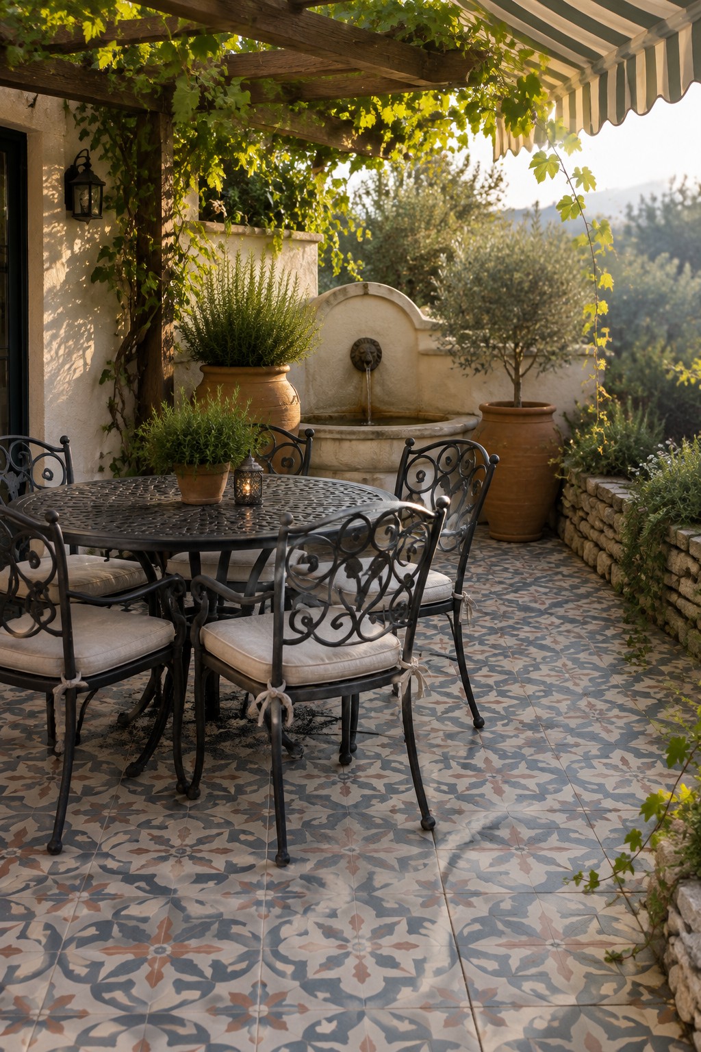 A patio scene with a round metal table and four chairs on colorful patterned tile, a stone fountain in the background, and potted plants along the edges.
