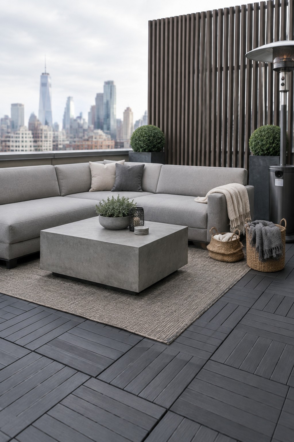 A rooftop patio with a gray sectional sofa, concrete coffee table, woven rug over dark modular deck tiles, and a city skyline in the background.