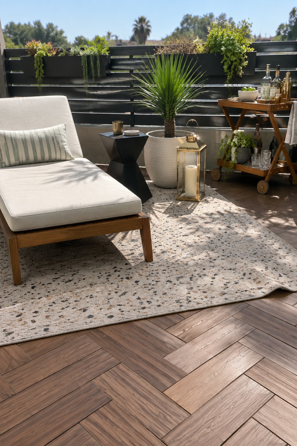 Modern patio with white lounge chair, speckled rug, potted plants, and bar cart.
