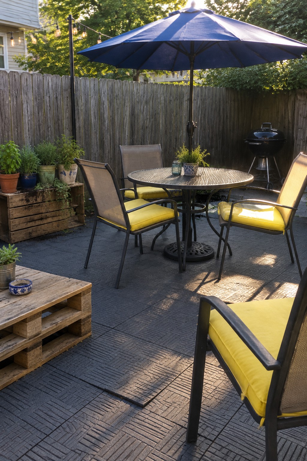 A backyard patio covered in dark interlocking floor tiles, with a round metal table, yellow cushioned chairs, a blue umbrella, potted plants, and a wooden fence in the background.