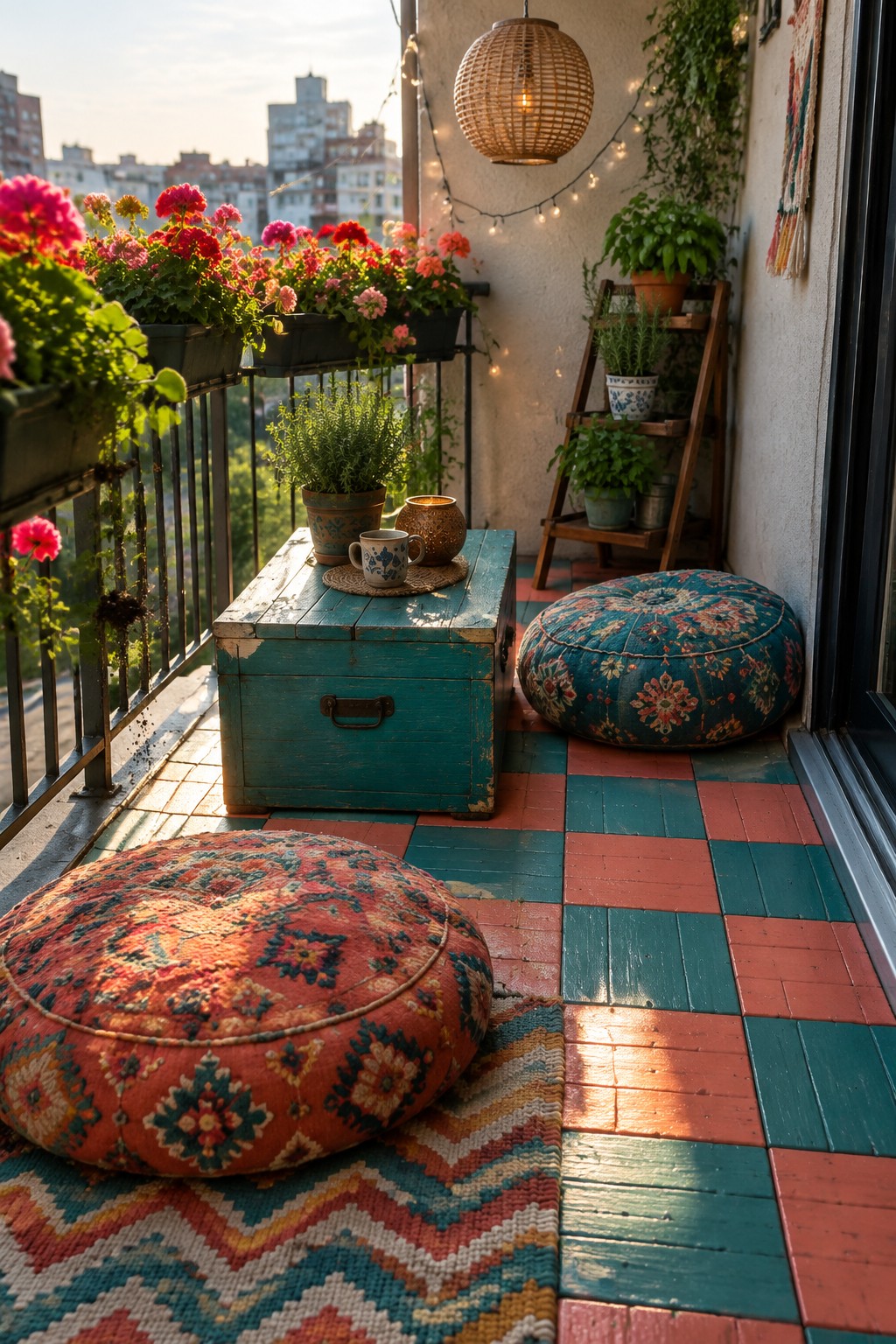 A small balcony with a colorful checkered floor in teal, coral, and red tones, two patterned floor cushions, a teal wooden chest, potted plants, and string lights.