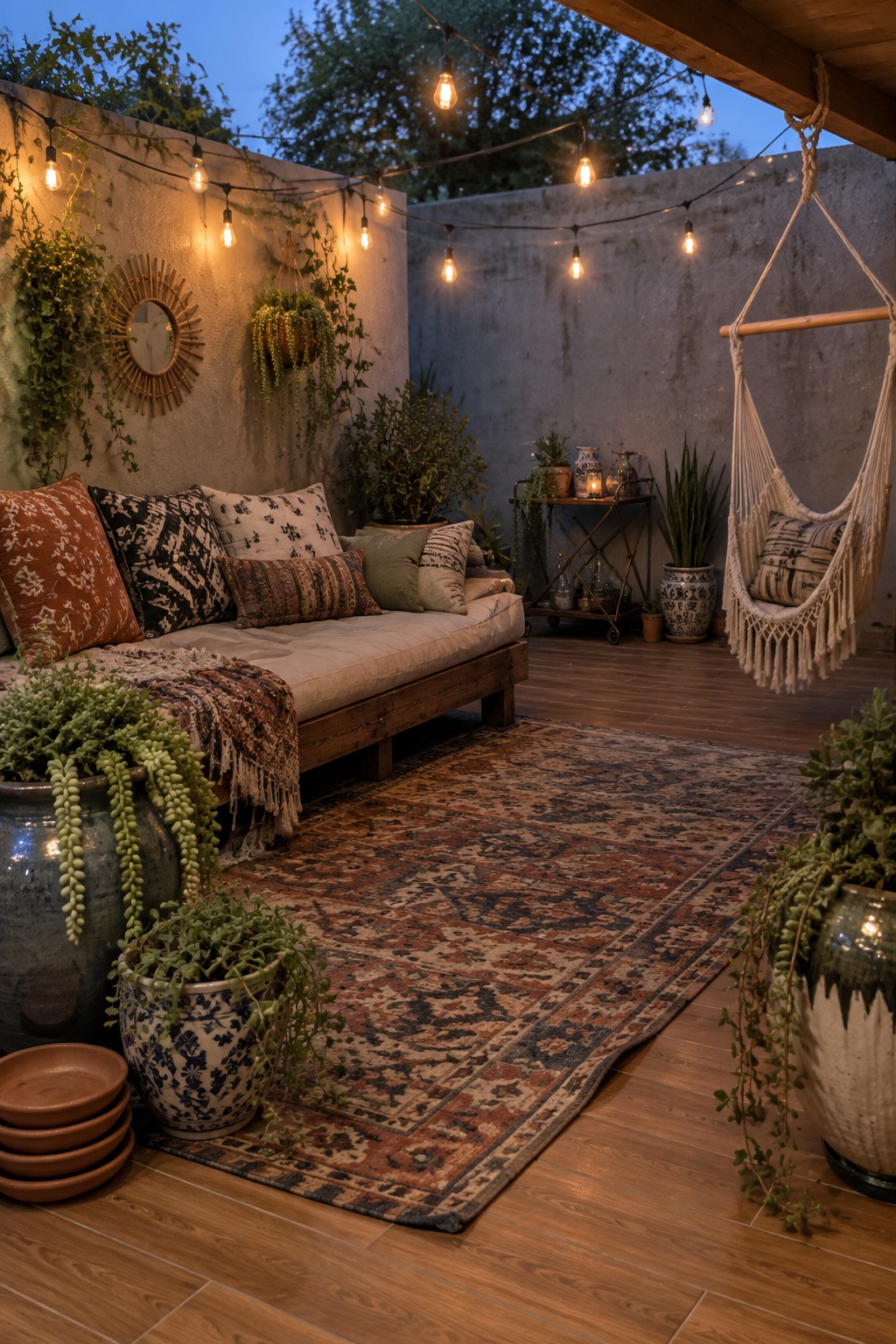 Cozy dusk patio with string lights, daybed, macrame chair, patterned rug and plants
