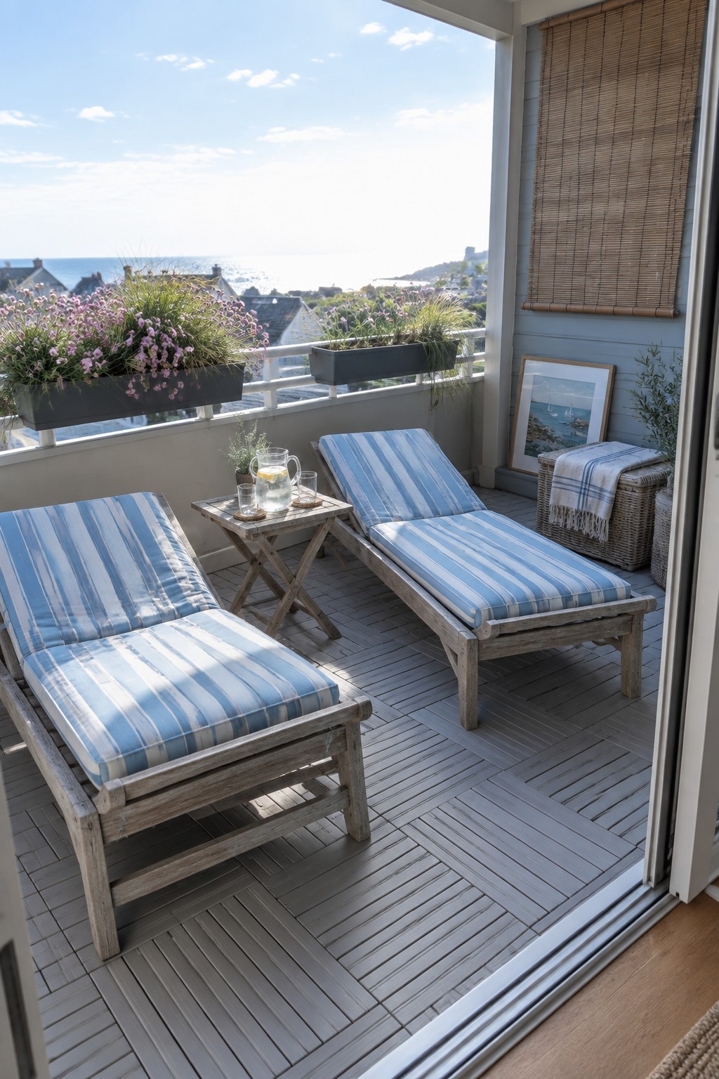 A balcony with two blue and white striped lounge chairs on gray removable deck tiles, a small side table with a pitcher, and a view of the ocean and houses beyond.