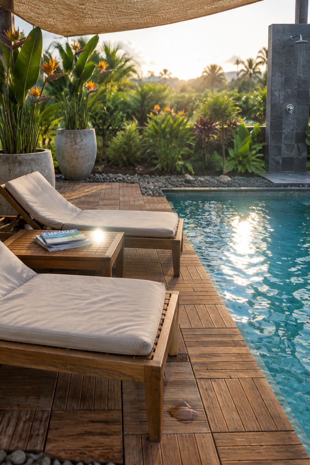 Two wooden lounge chairs with white cushions beside a pool amid tropical plants at sunset.