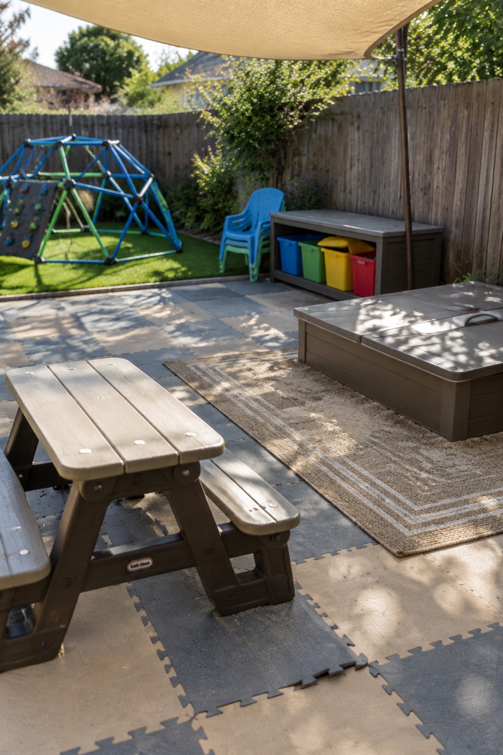 A backyard patio covered in gray and beige interlocking foam tiles, with a small picnic table, woven rug, storage bench, and colorful bins under a shade sail.