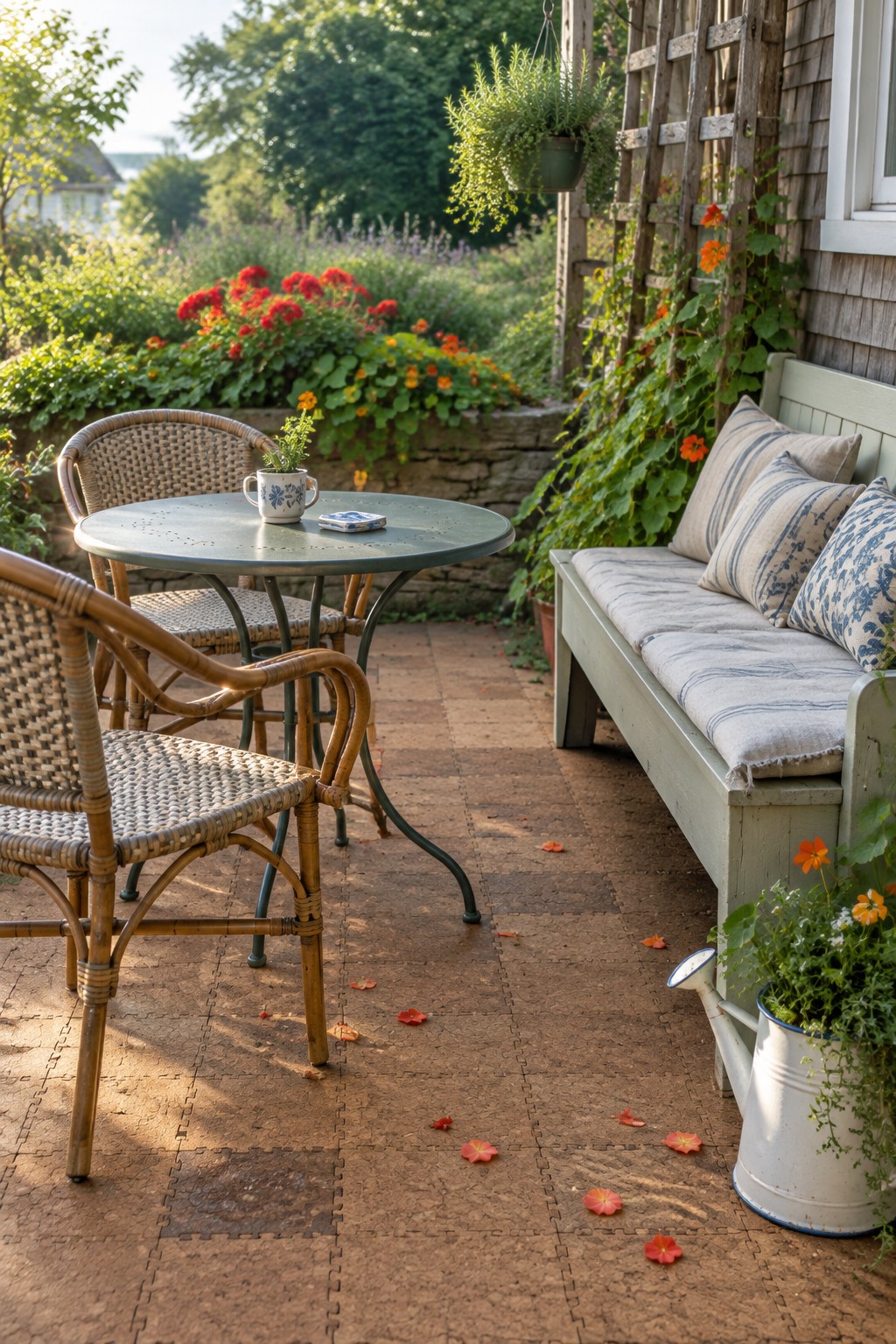 A patio with brown interlocking floor tiles, wicker chairs around a green table, a cushioned wooden bench against a house wall, and potted plants nearby.