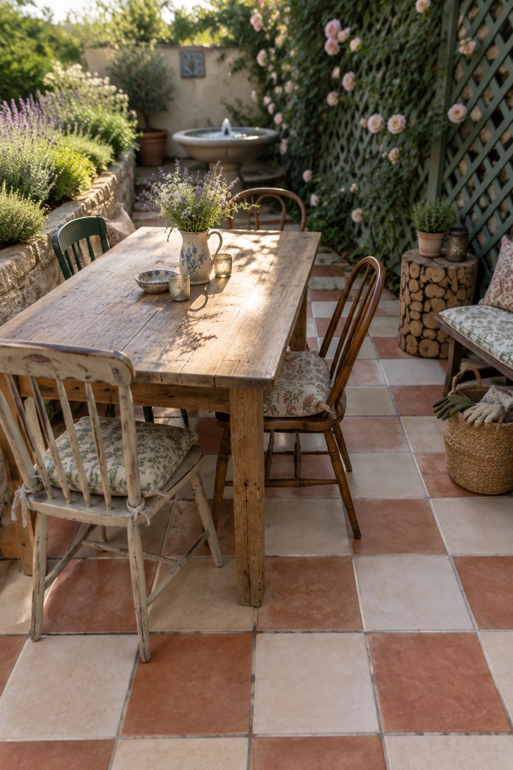 Rustic wooden table with floral chairs on terracotta patio amid roses and fountain