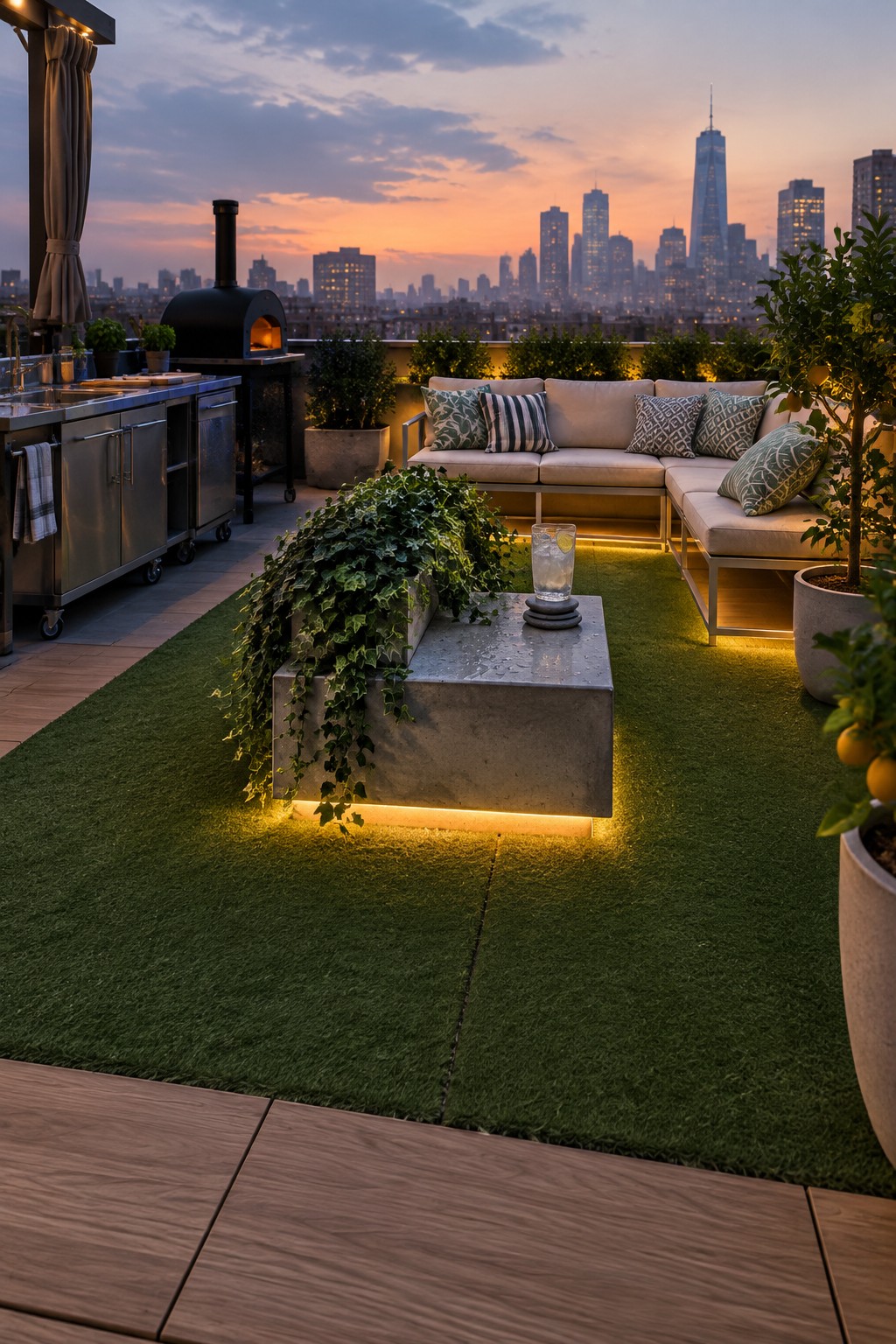 A rooftop patio covered in modular artificial grass panels, with a sectional sofa, concrete coffee table, potted plants, and a city skyline at sunset.
