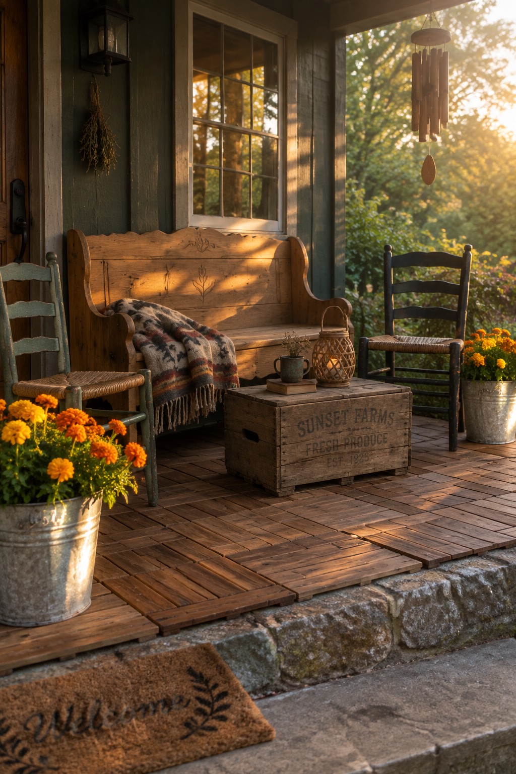 A rustic wooden porch with interlocking deck tiles, a wooden bench, black chair, potted orange flowers, and a welcome mat on stone steps.
