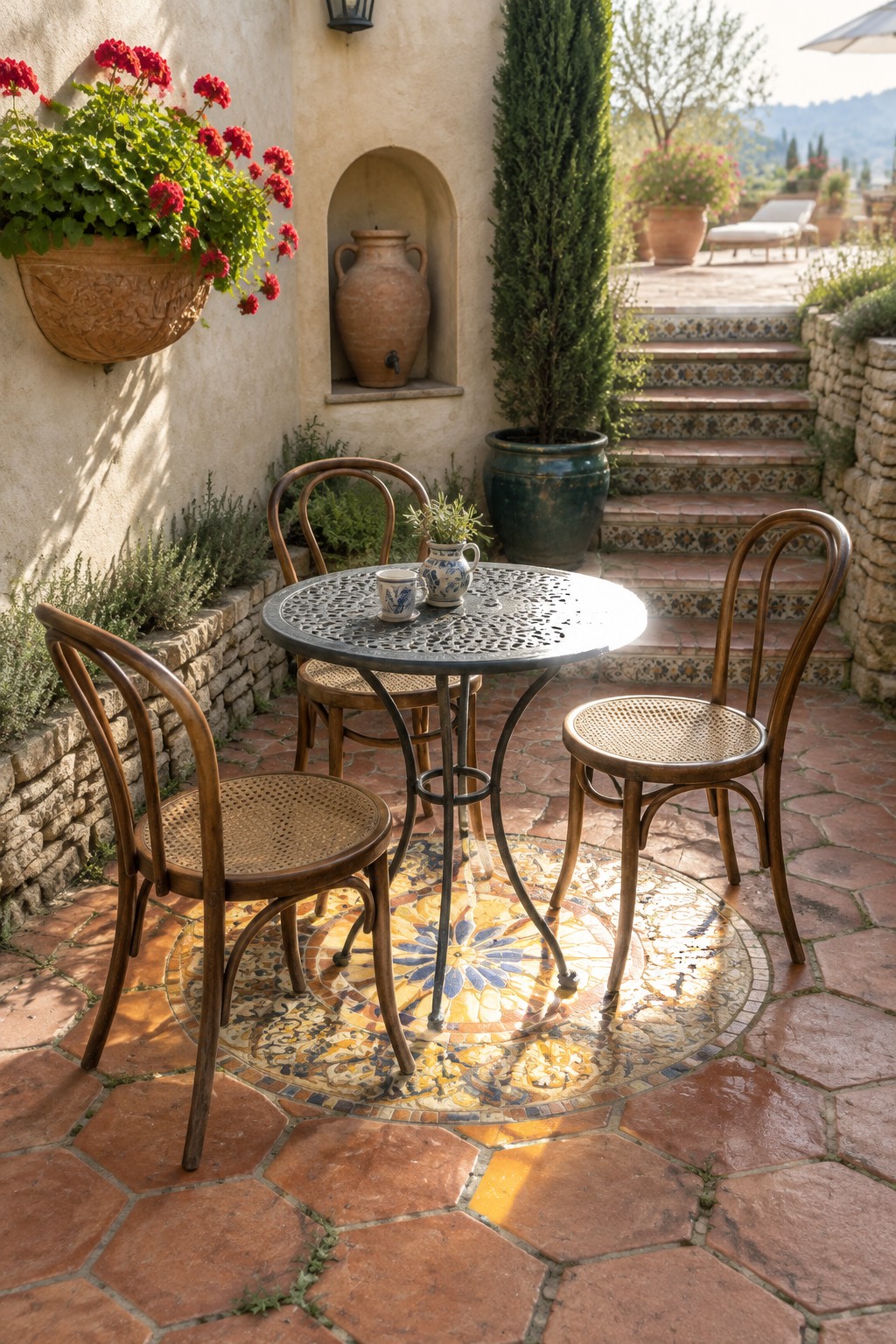 A round patio table with wooden chairs arranged on terracotta tiles around a central colorful mosaic medallion, with potted plants and tiled steps visible nearby.