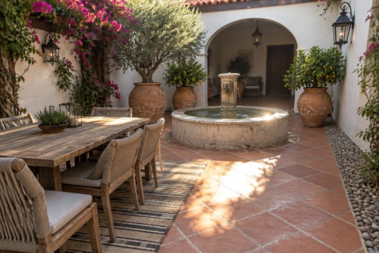 A Mediterranean courtyard patio with terracotta tile flooring, a round stone fountain, a wooden dining table with woven chairs on a striped rug, and large terracotta pots with citrus trees beside white stucco walls covered in purple bougainvillea.