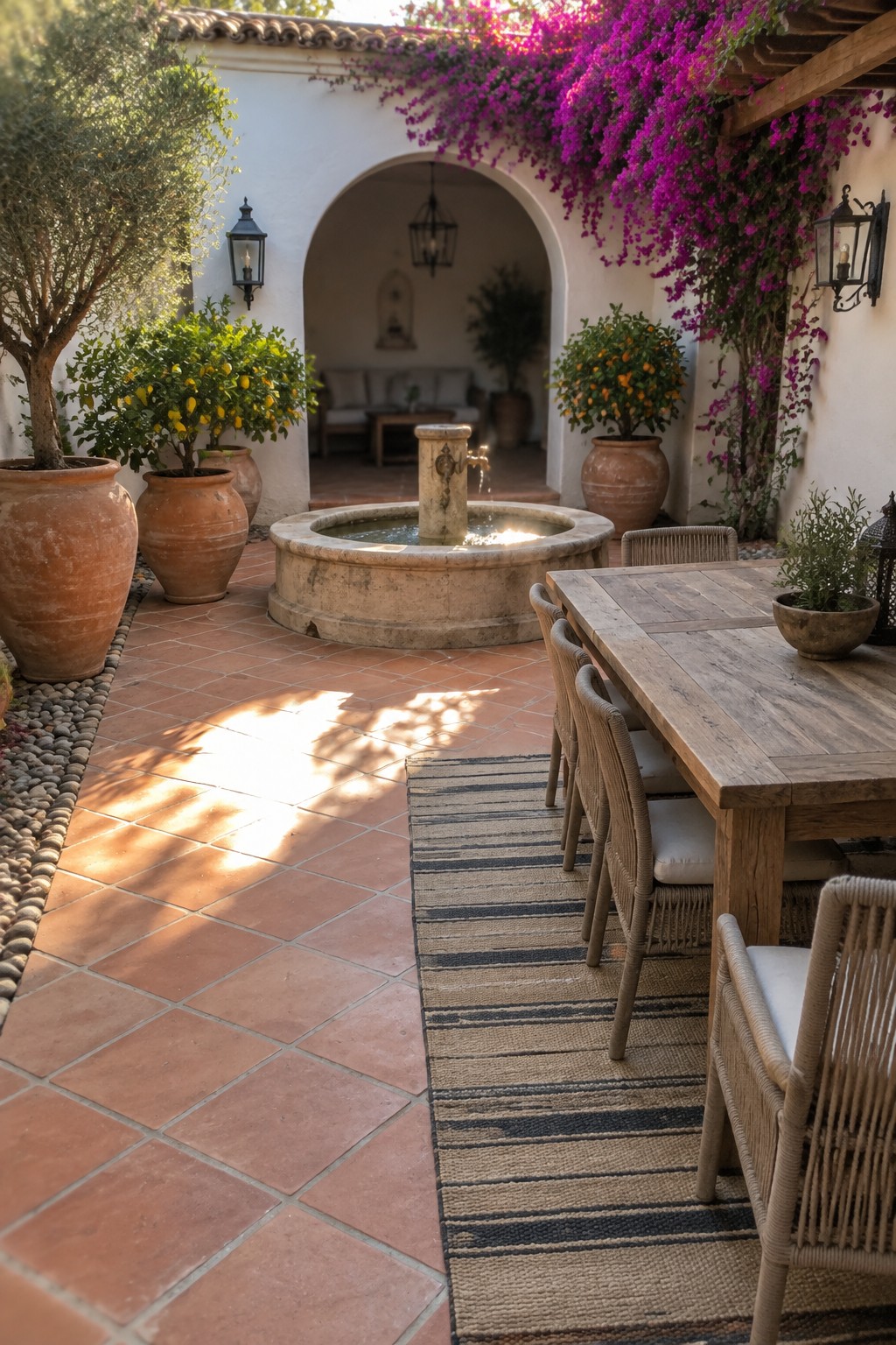 A Mediterranean courtyard patio with terracotta tile flooring, a round stone fountain, a wooden dining table with woven chairs on a striped rug, and large terracotta pots with citrus trees beside white stucco walls covered in purple bougainvillea.