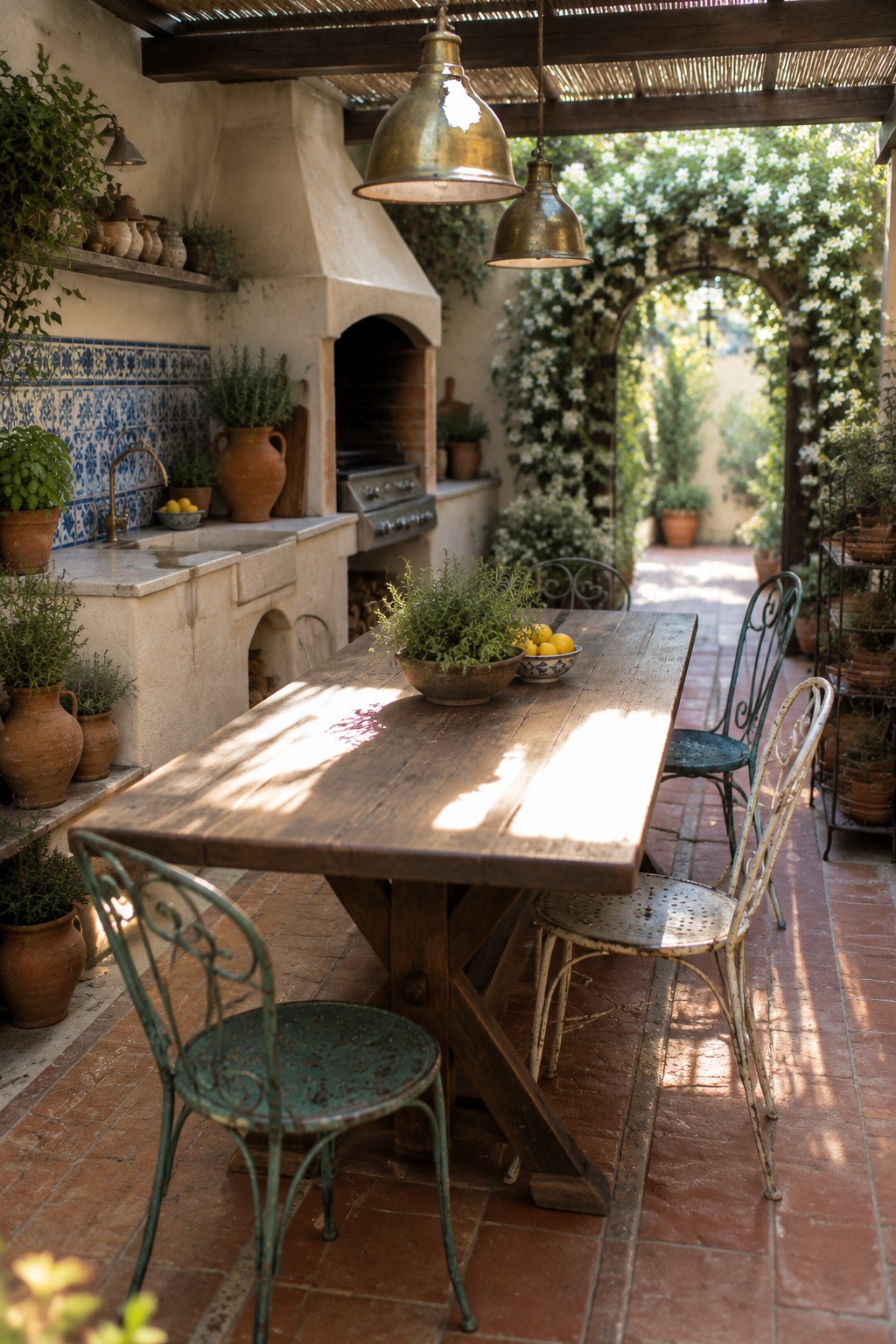 An outdoor courtyard patio with a wooden dining table, vintage metal chairs, terracotta tile floor, built-in stone oven, and potted plants.