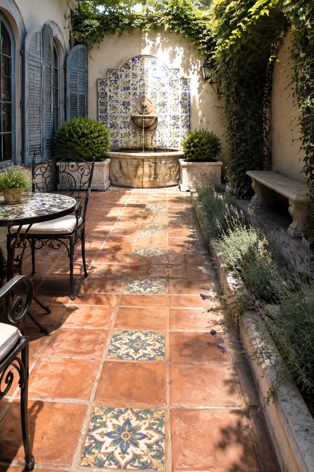 A narrow courtyard patio with large terracotta tiles, some decorative patterned insets, a stone fountain with colorful tile back, black metal seating, potted plants, and climbing vines on the walls.